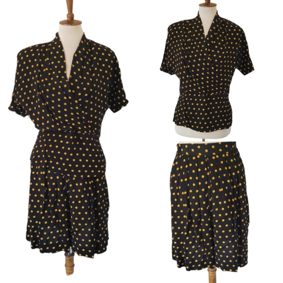 80's Black‎ and Yellow Polka Dot Two Piece High Waist Short Set